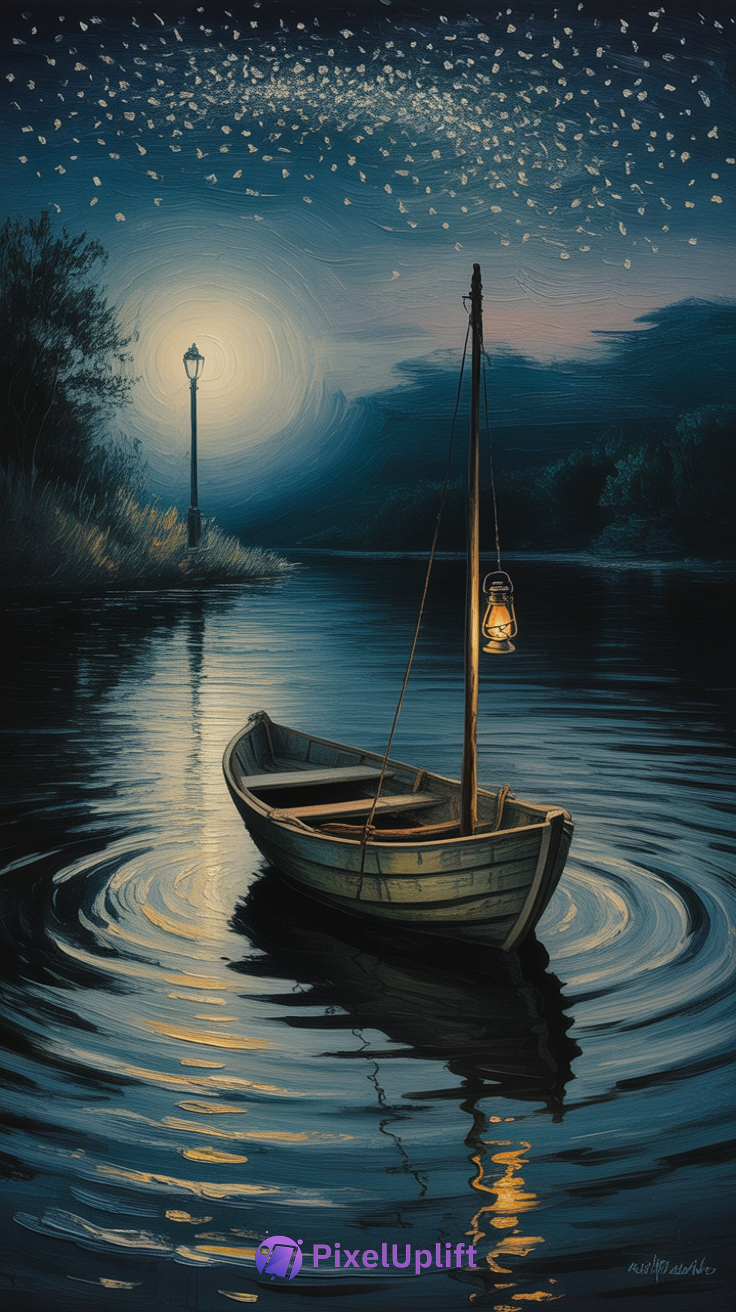 Tranquil nighttime phone wallpaper with a wooden boat floating on calm water under a starry sky, illuminated by a lantern and streetlamp
