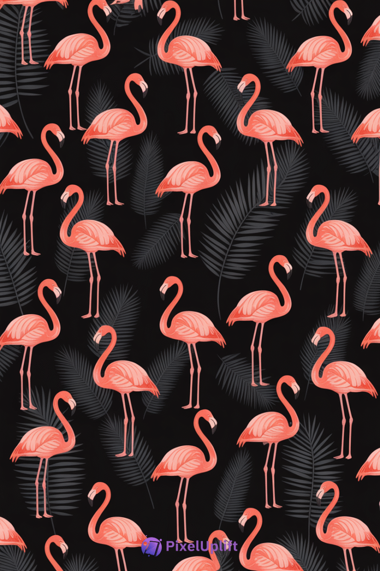 Phone wallpaper with repeating coral pink flamingos and subtle dark gray palm leaves on black background