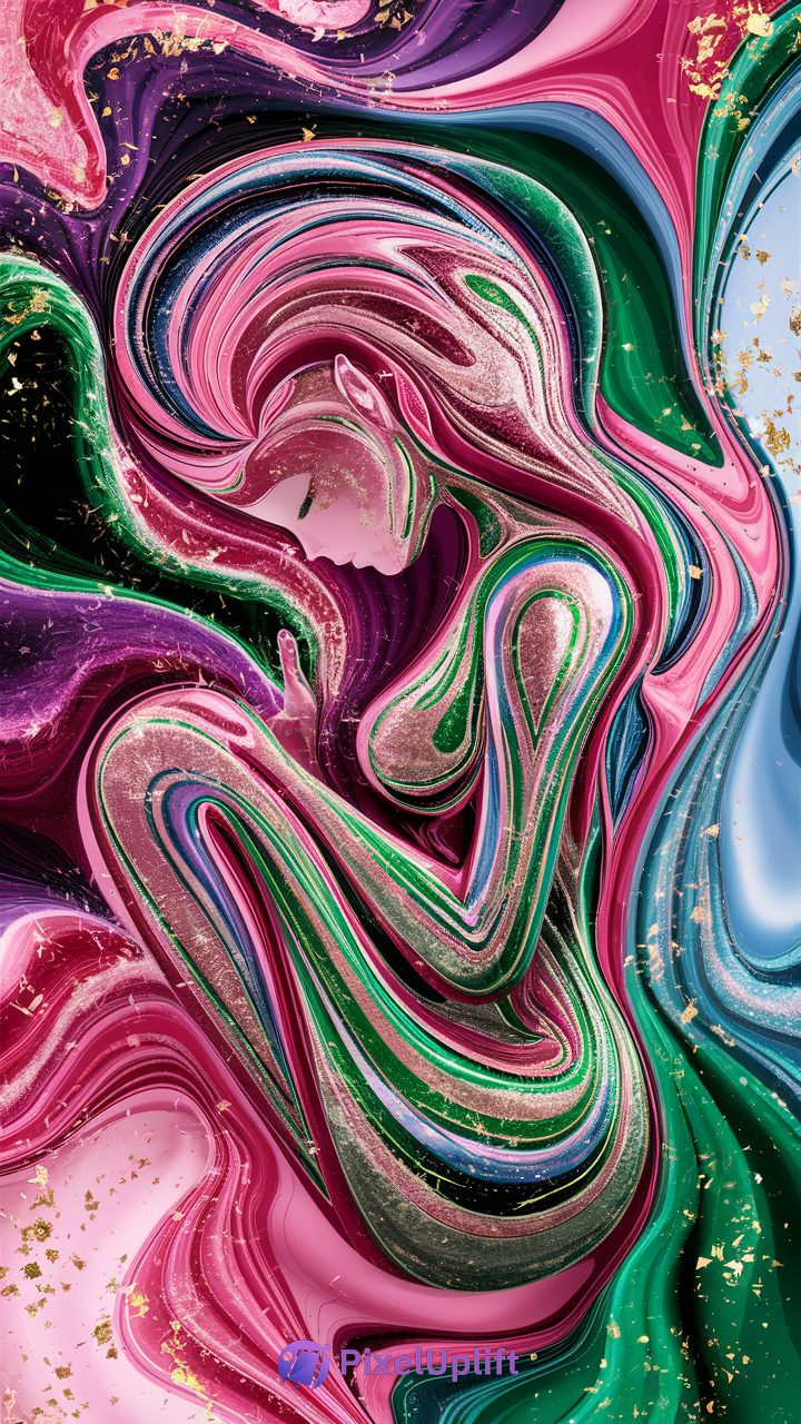 Vibrant abstract phone wallpaper with stylized seated woman in swirling pink, green, purple, and blue ribbons with gold accents on dreamy background
