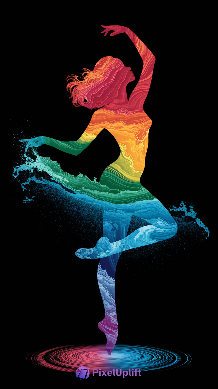 Vibrant artistic ballerina phone wallpaper with colorful swirling patterns and black background
