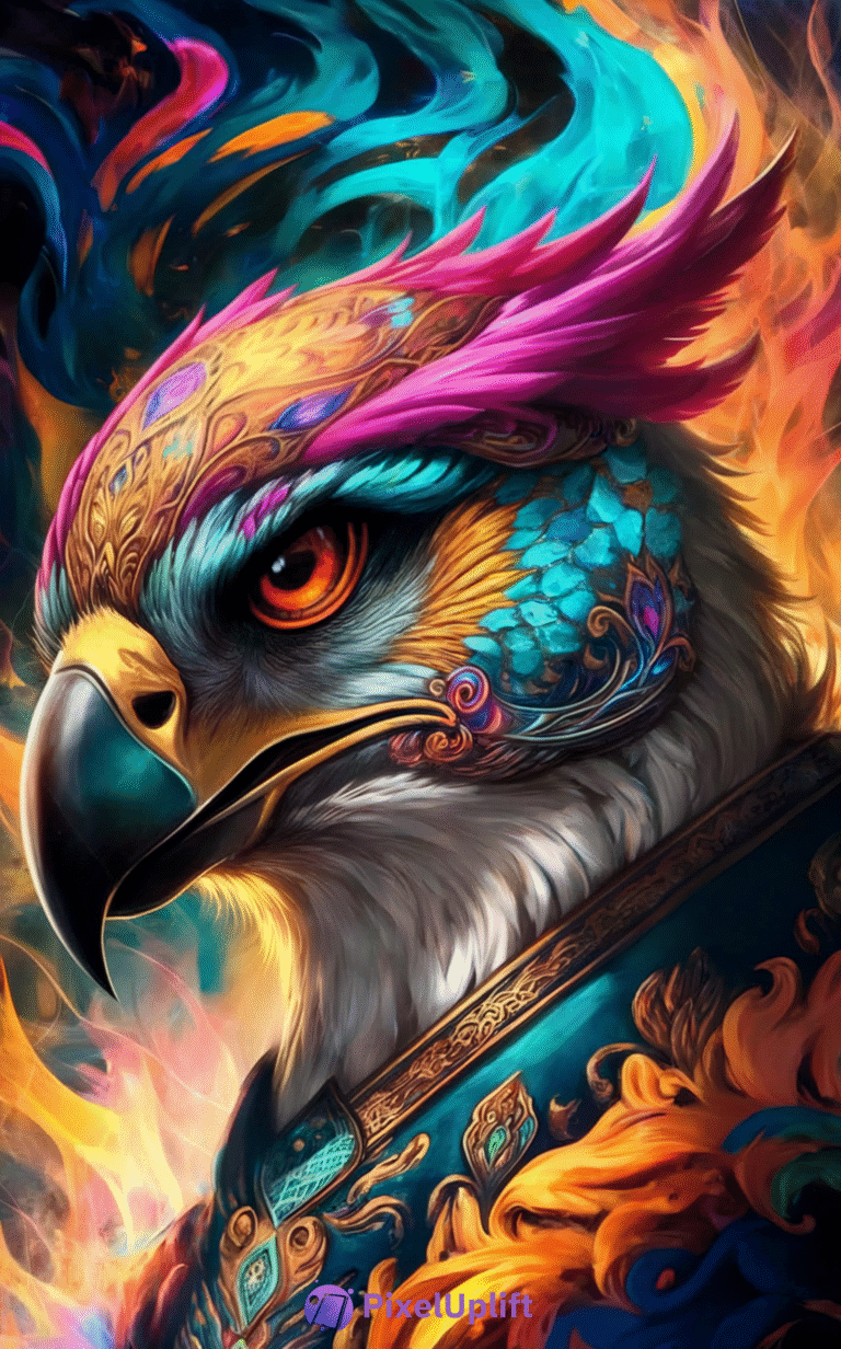 Vibrant artistic eagle head with teal, purple, gold, and orange colors on a fiery colorful background phone wallpaper