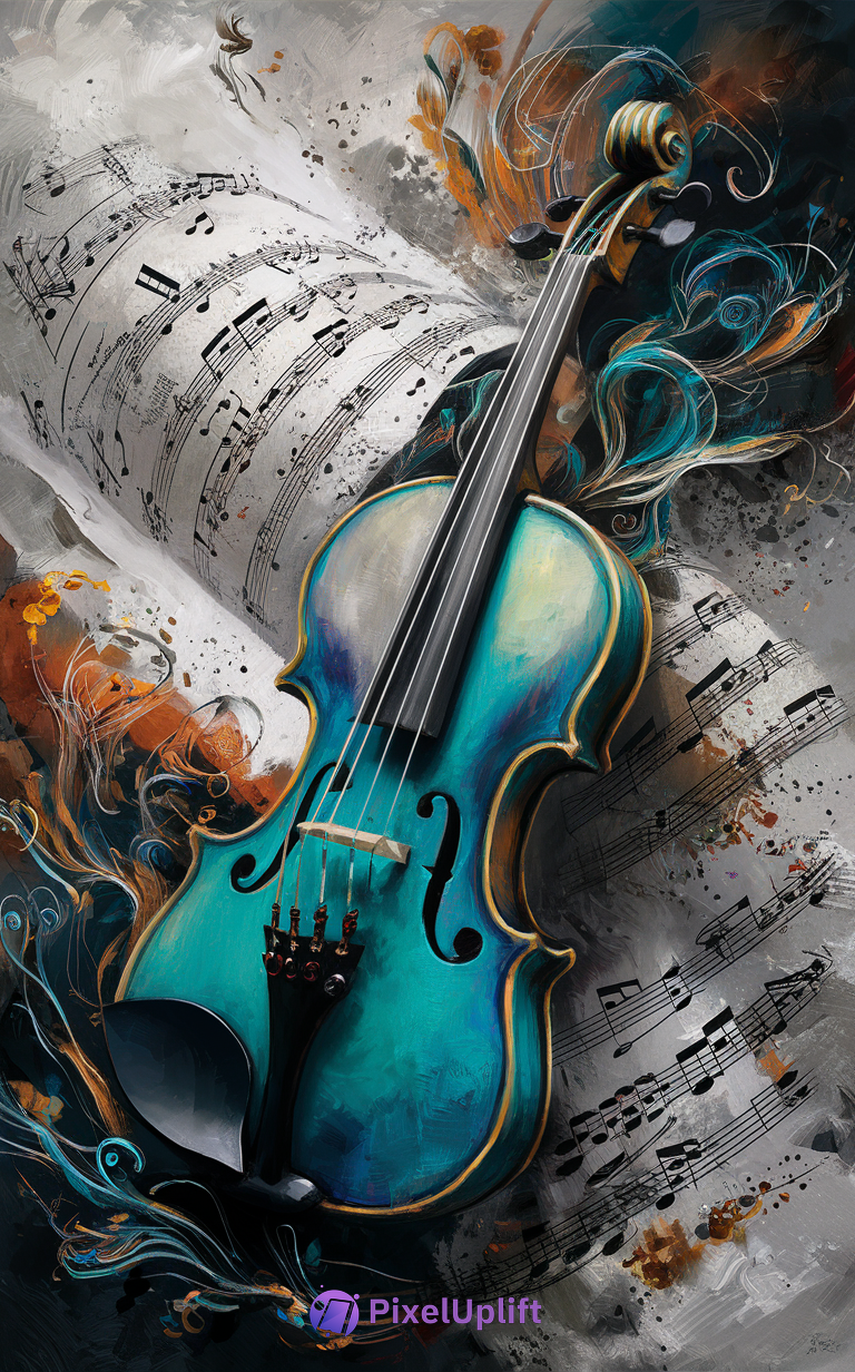 Vibrant artistic phone wallpaper of a teal and blue violin over flowing sheet music with abstract swirling gray, black, white, orange, and teal background