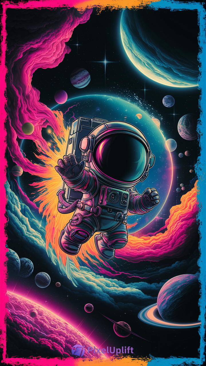 Vibrant digital artwork of an astronaut floating in space with colorful planets and neon cosmic background