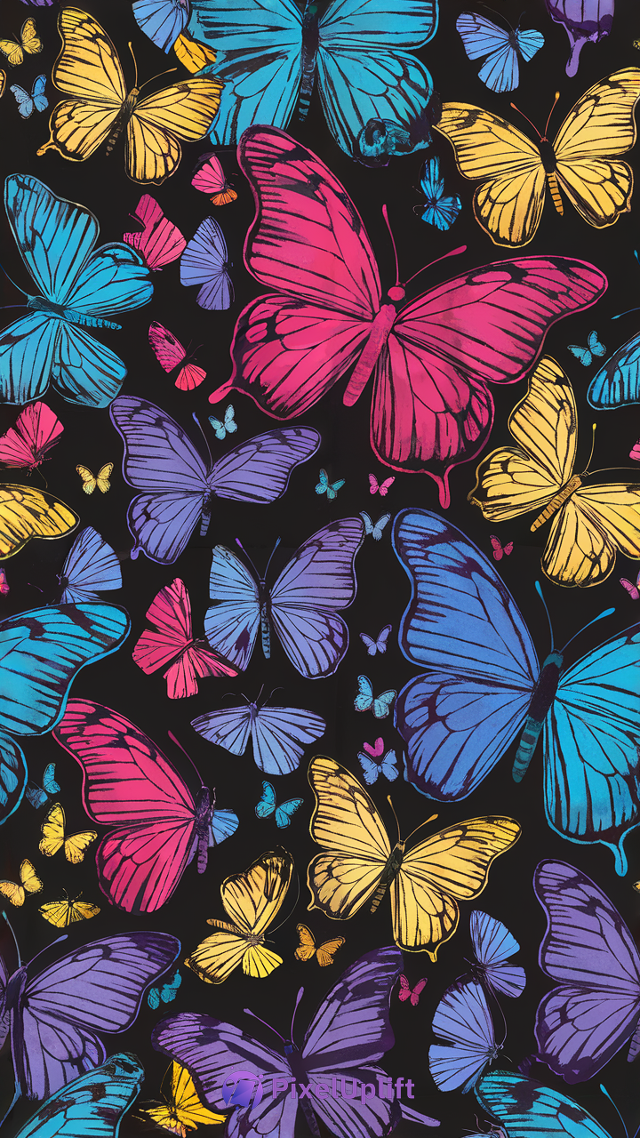 Colorful butterflies pattern on black background vibrant phone wallpaper