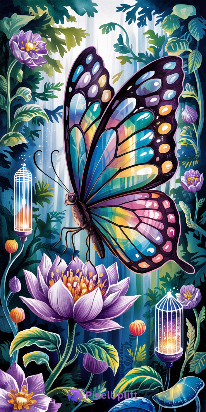 Vibrant butterfly with stained-glass wings perched on a blooming purple lotus flower surrounded by colorful flowers and glowing lanterns on a mystical soft gradient background