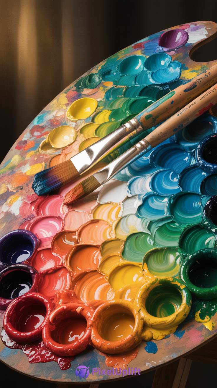 Wooden artist's palette with vibrant colorful oil paints and paintbrushes on a warm blurred background