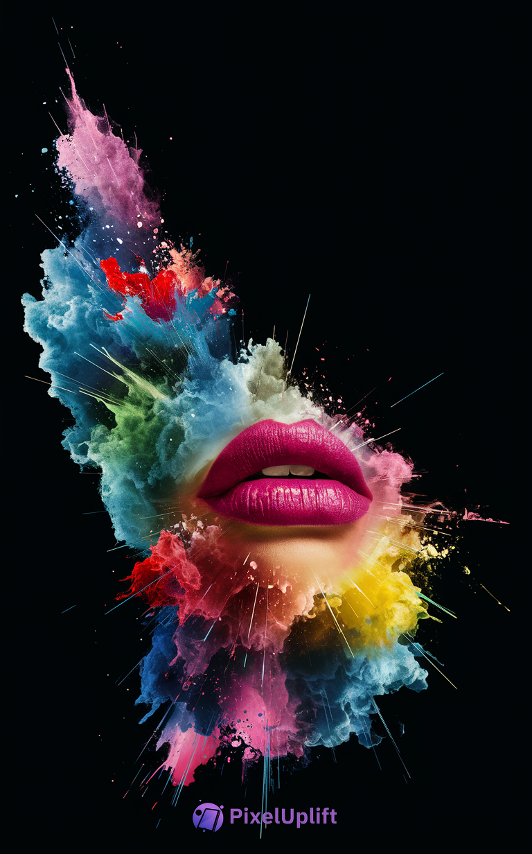Vibrant pink lips with colorful powder explosion on black background phone wallpaper