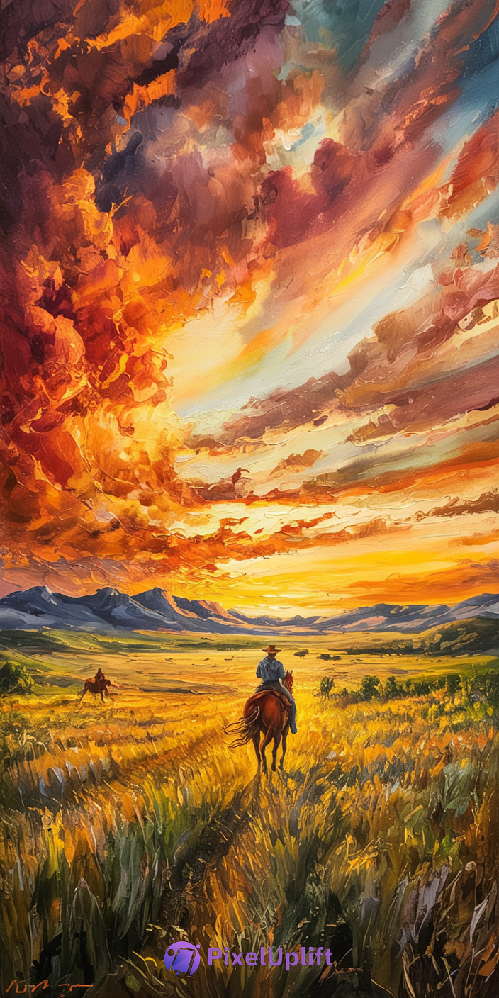 Vibrant cowboy landscape phone wallpaper with sunset sky, two cowboys on horseback riding through a sunlit field of tall grasses and wildflowers, dark blue mountains in background