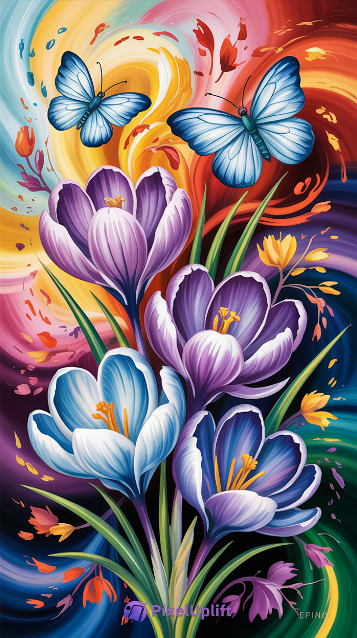 Colorful phone wallpaper depicting vibrant purple and blue crocus flowers with blue butterflies on an abstract swirling colorful background