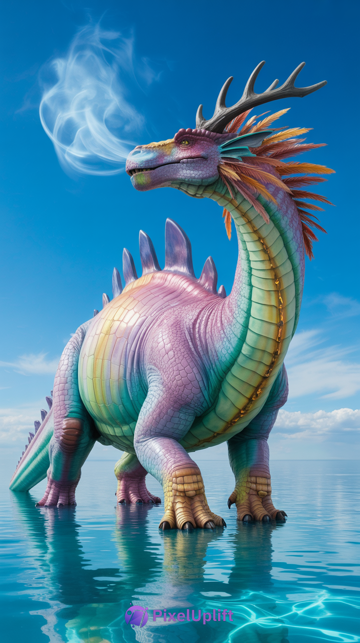Colorful dragon-like creature with purple spines and antlers standing in shallow clear water under bright blue sky