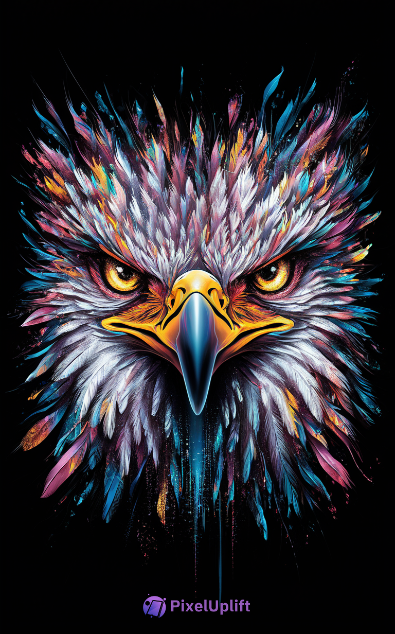 Vibrant and stylized illustration of an eagle's head with vivid colorful feathers on a black background