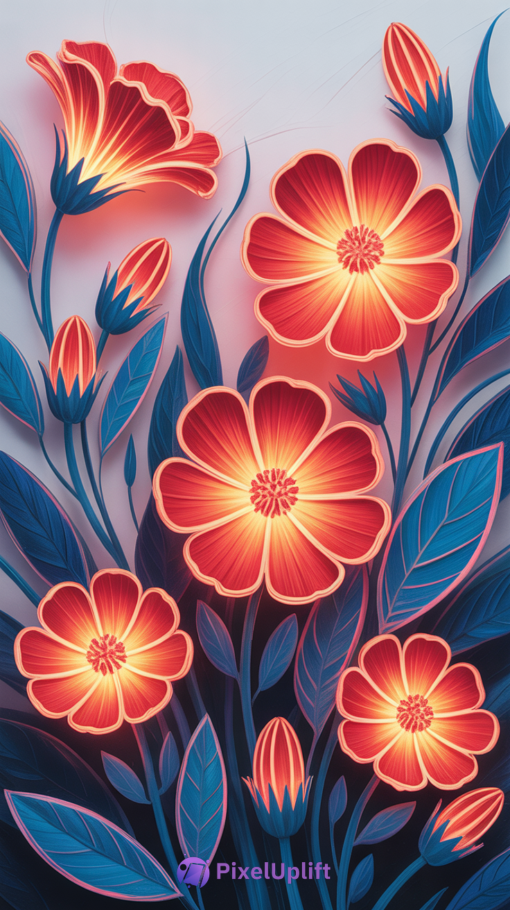 Vibrant stylized flowers with glowing yellow to red petals and blue-green leaves on a soft gradient gray background phone wallpaper