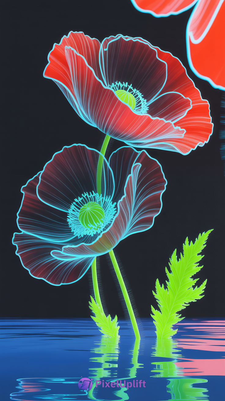 Stylized digital illustration of two glowing poppy flowers with vibrant red petals and luminous blue outlines reflected on water against a dark background