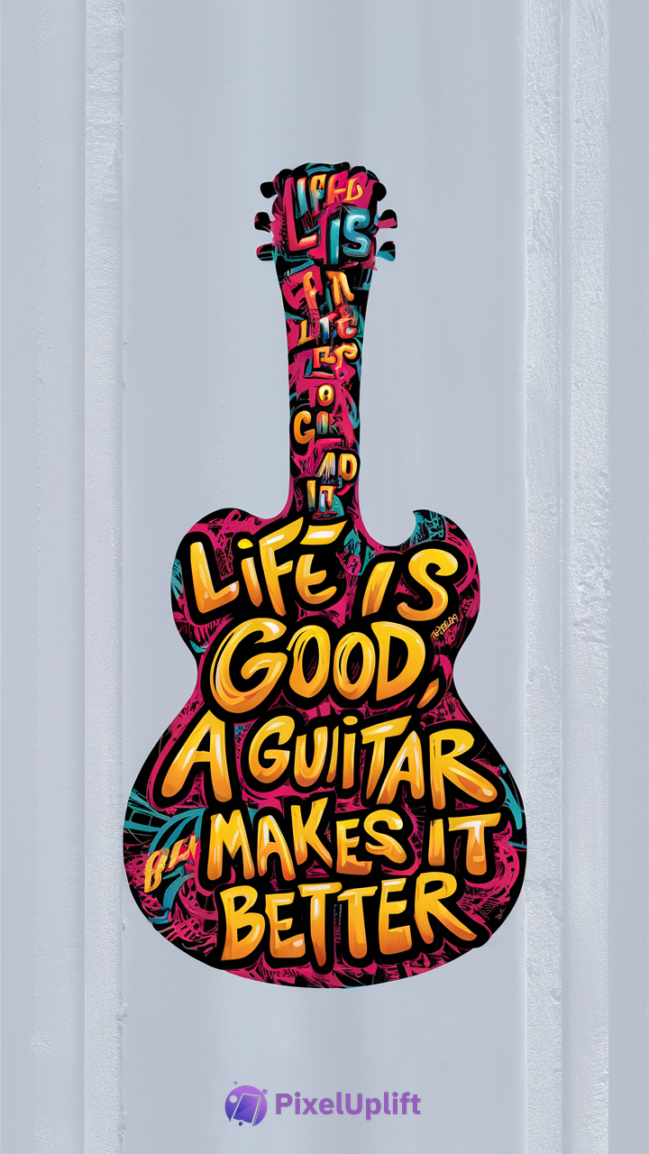 Colorful guitar illustration phone wallpaper with graffiti-style text Life is good a guitar makes it better on black background