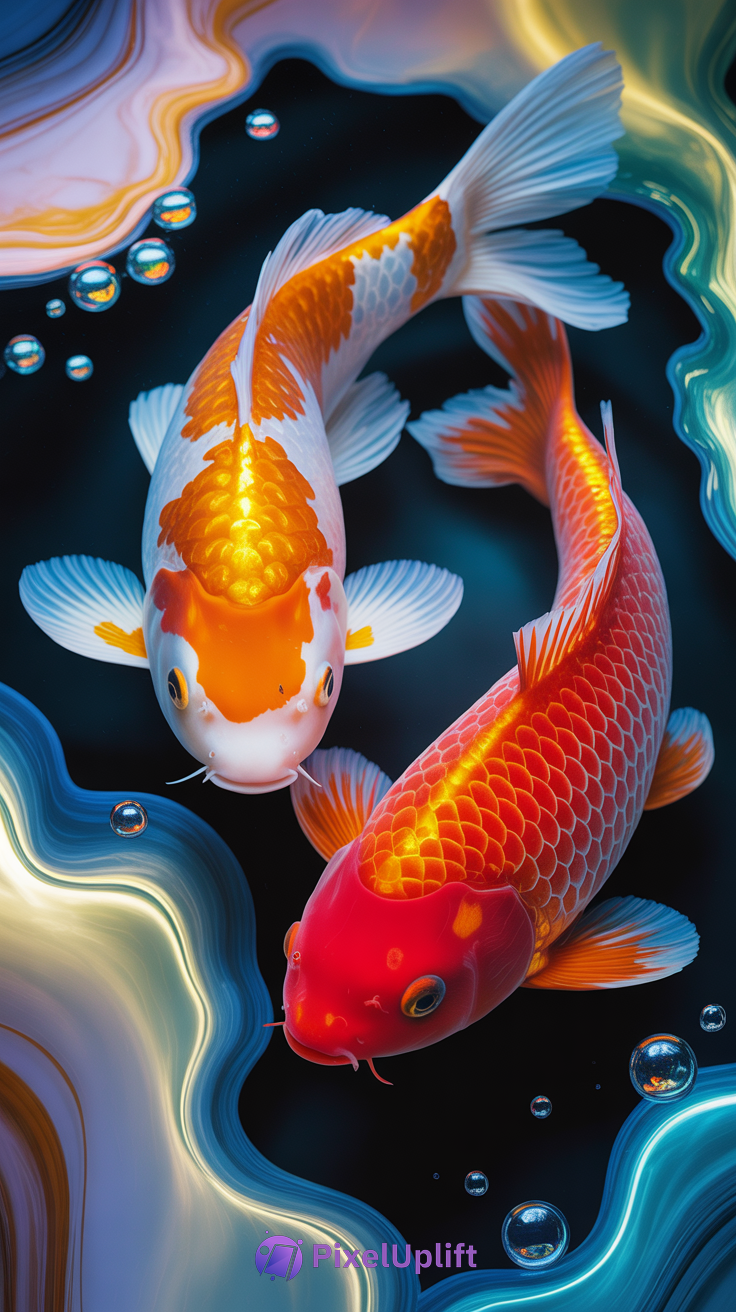 Two vibrant koi fish swimming in dark glossy water with colorful swirling patterns and water droplets