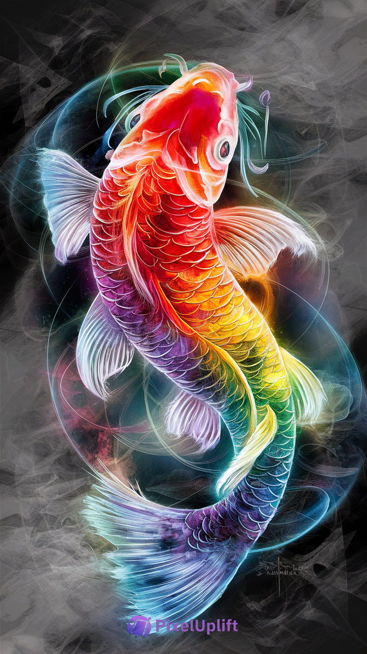 Vibrant koi fish phone wallpaper with bright colors on dark smoky background