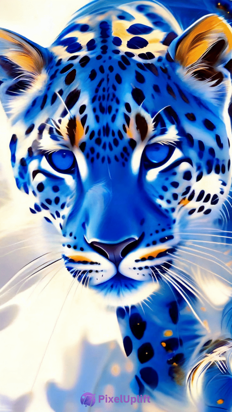 Close-up digital artwork of a vibrant blue leopard's face with black spots and glowing surreal style