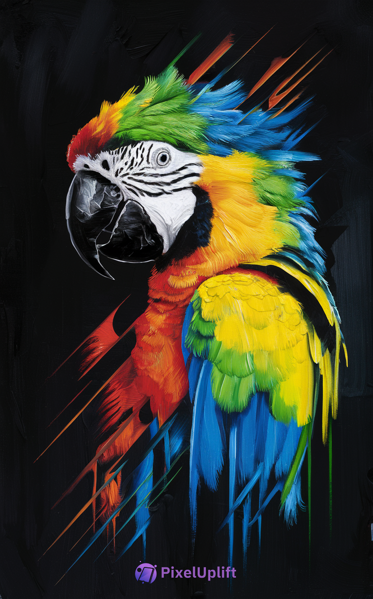 Vibrant stylized digital painting of a macaw parrot with colorful feathers on a dark background