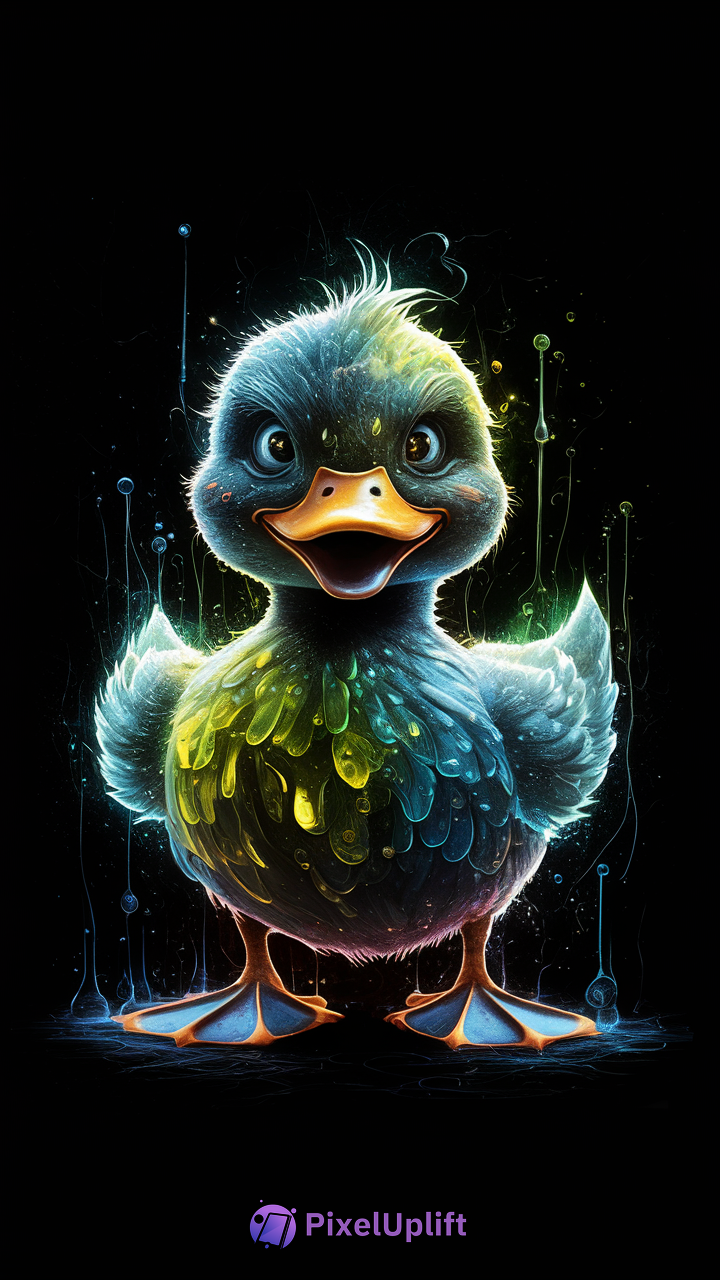 Vibrant glowing duckling with colorful feathers on black background phone wallpaper