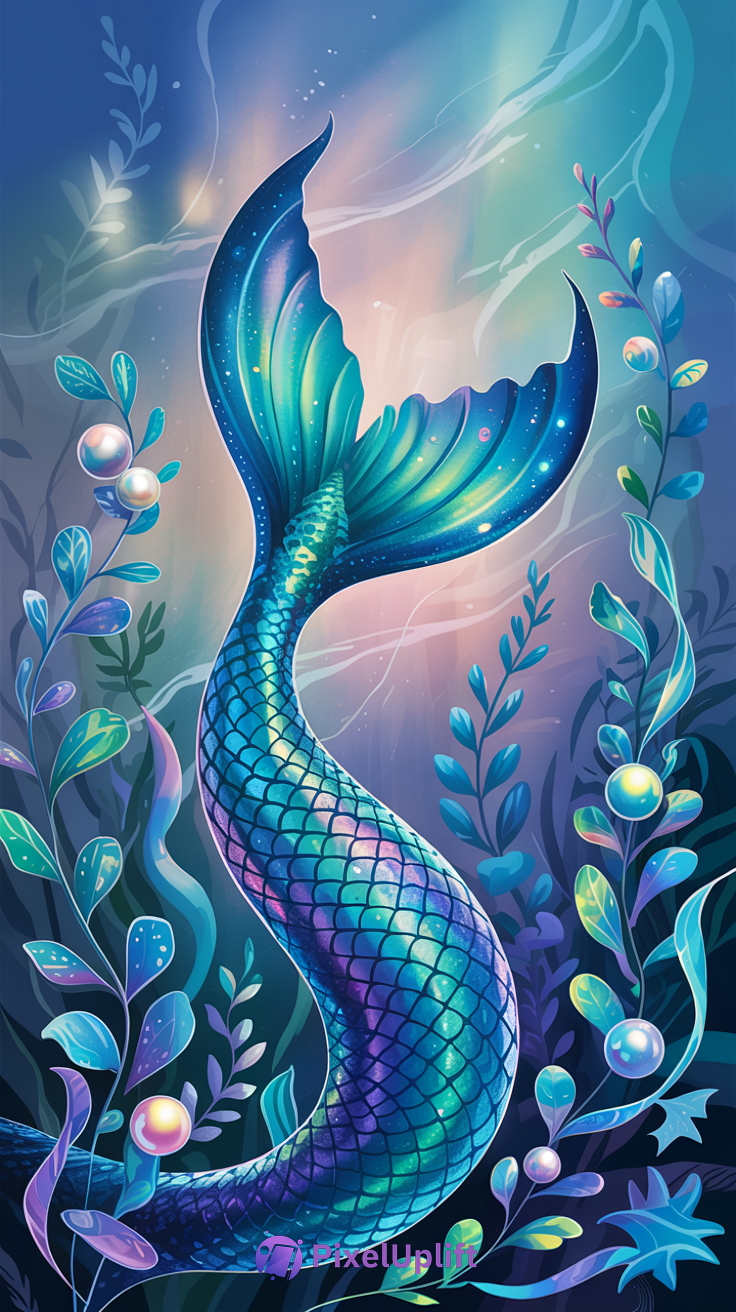 Vibrant mermaid tail phone wallpaper with colorful aquatic plants and underwater bubbles in blue, teal, and purple hues