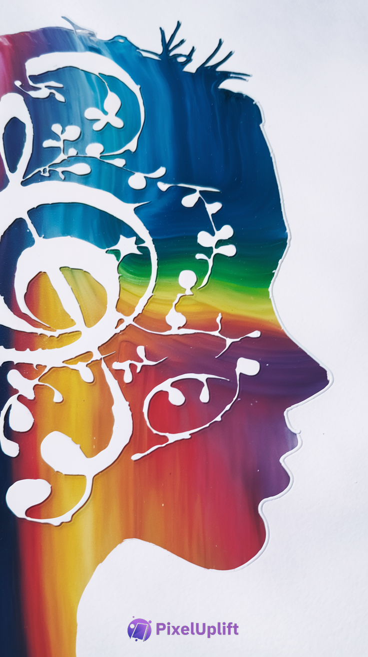 Colorful artistic silhouette of a human head with musical treble clef and notes on a vibrant gradient swirl background