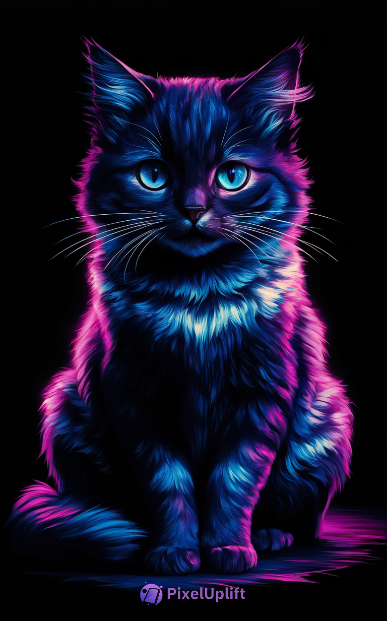 Digitally illustrated neon cat with glowing blue eyes on black background phone wallpaper