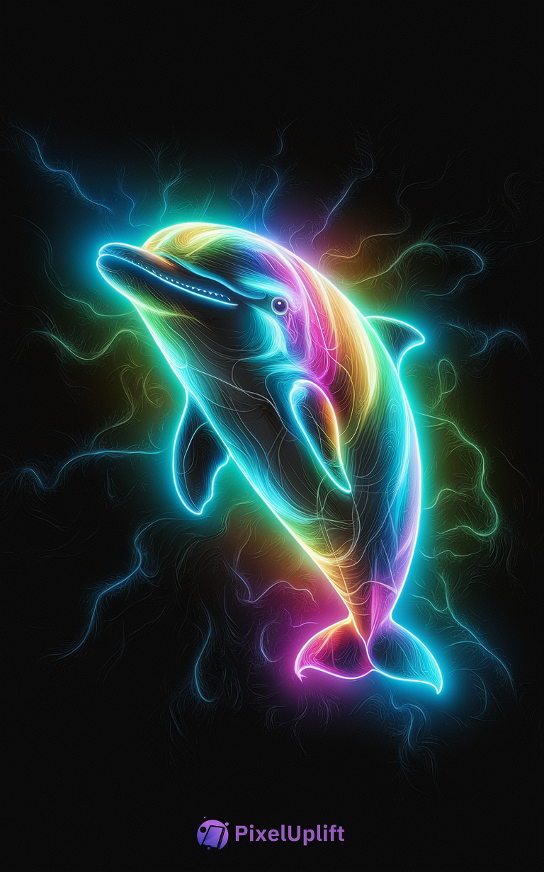 Vibrant neon dolphin digital artwork with glowing colorful outlines on black background phone wallpaper