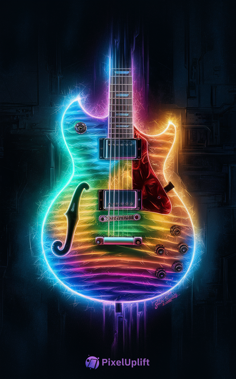 Vibrant neon electric guitar phone wallpaper with glowing rainbow colors on dark background