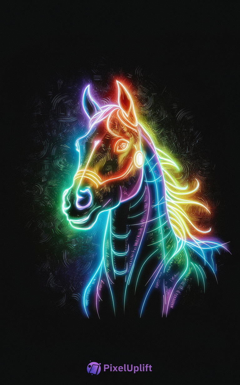 Vibrant neon horse head digital illustration with glowing multicolor lines on a dark background phone wallpaper