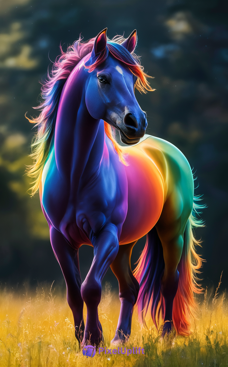 Vibrant neon horse phone wallpaper with glowing spectrum colors on a dark blurred background