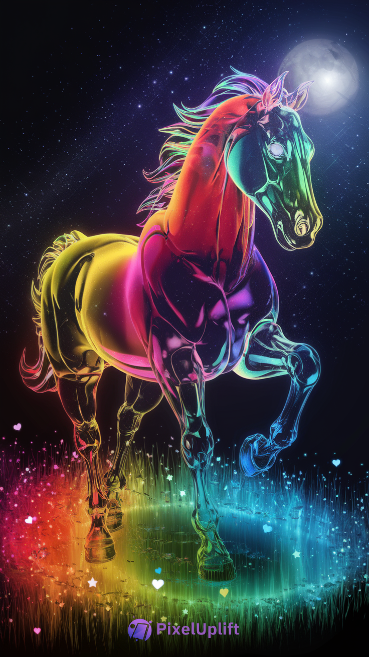 Vibrant translucent neon horse phone wallpaper with glowing colorful grass and starry night background