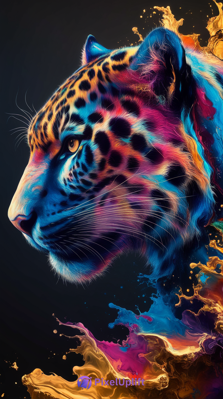 Close-up side profile of a leopard's head with vibrant neon colors and paint splashes on dark background