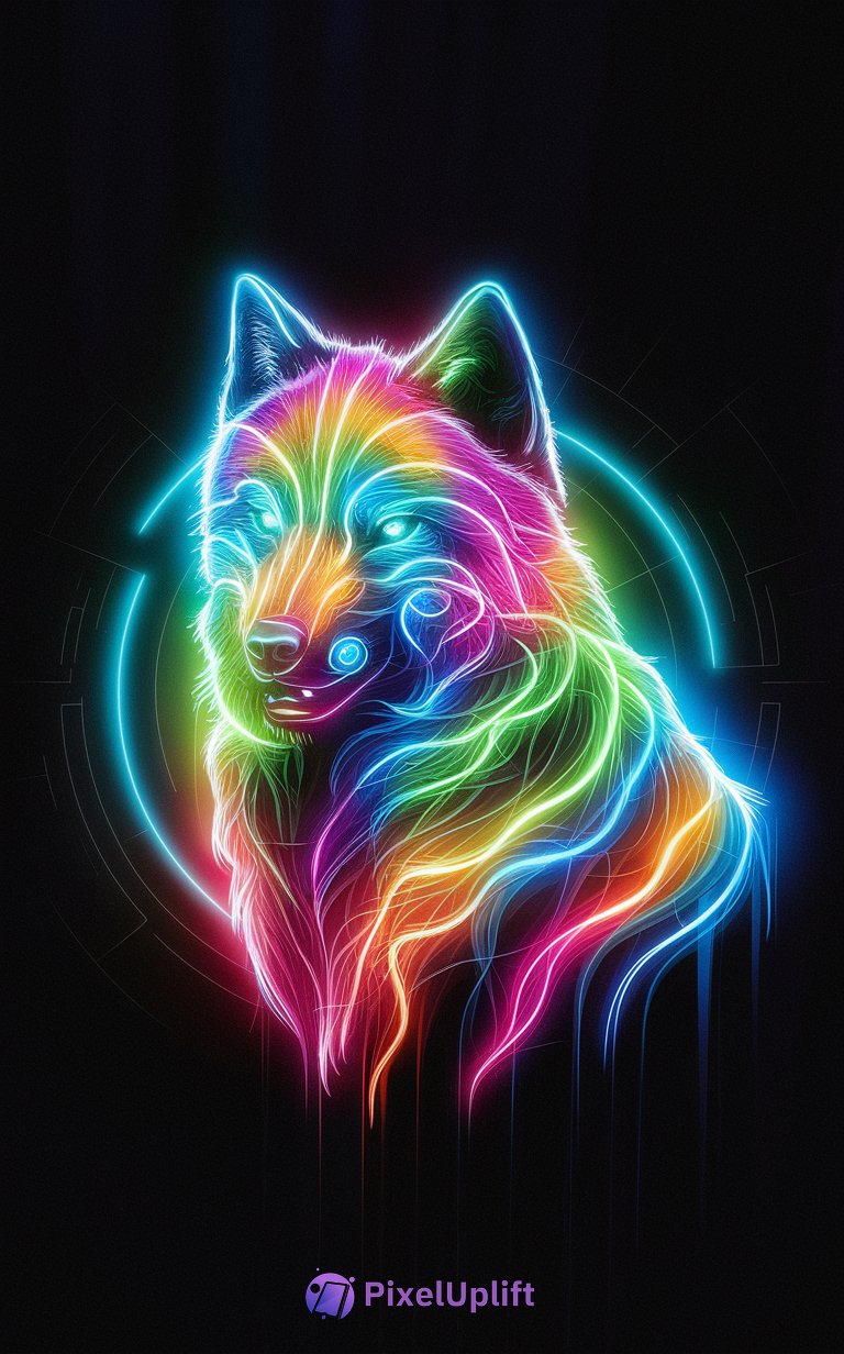 Vibrant neon-style digital artwork of a glowing wolf with rainbow colors on a black background phone wallpaper