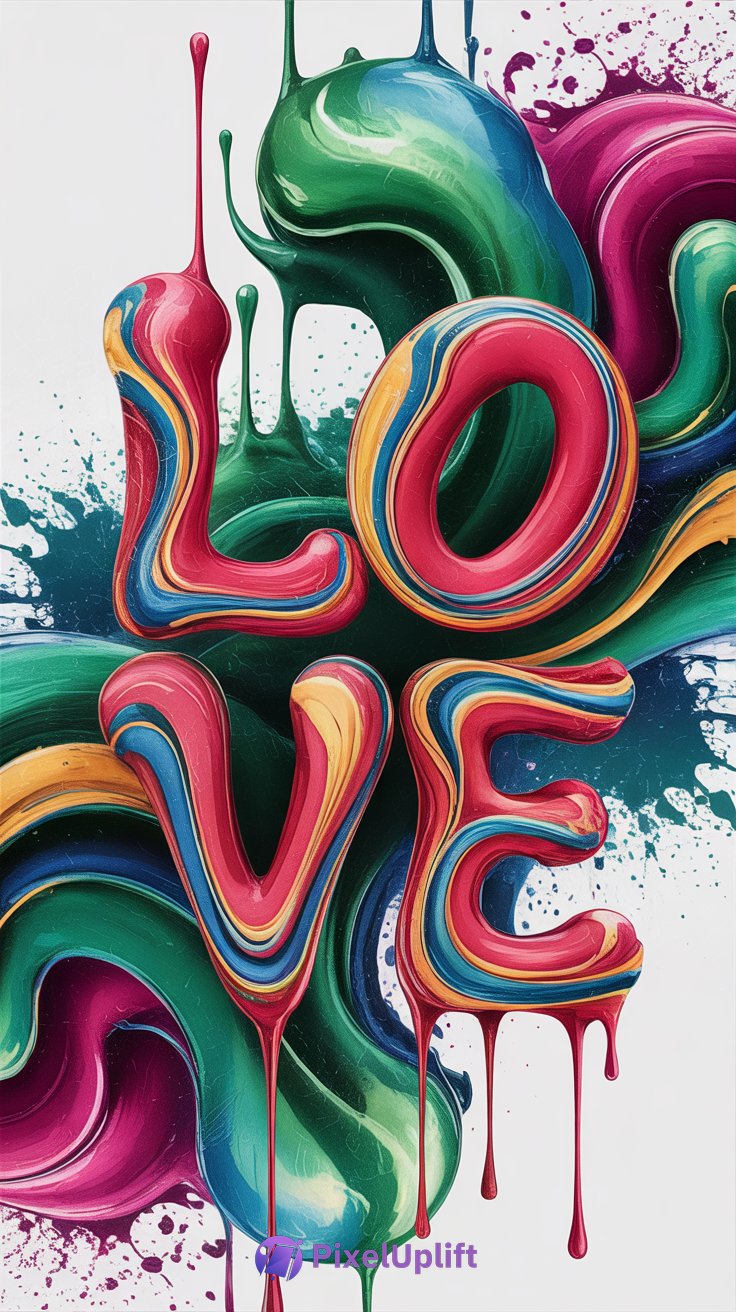 Colorful 'LOVE' word in fluid paint style with dripping vibrant colors on dark abstract background