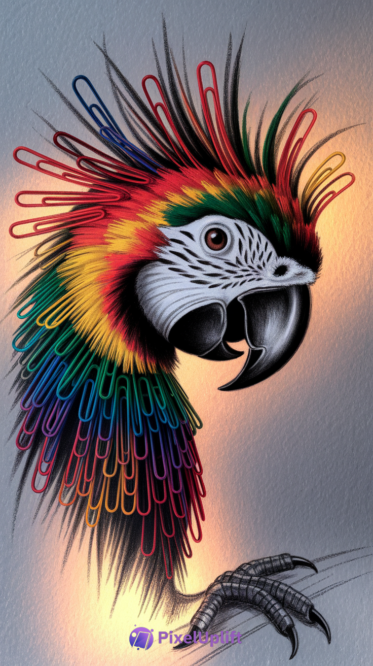 Artistic vibrant parrot phone wallpaper with colorful paperclip feathers and warm glowing background