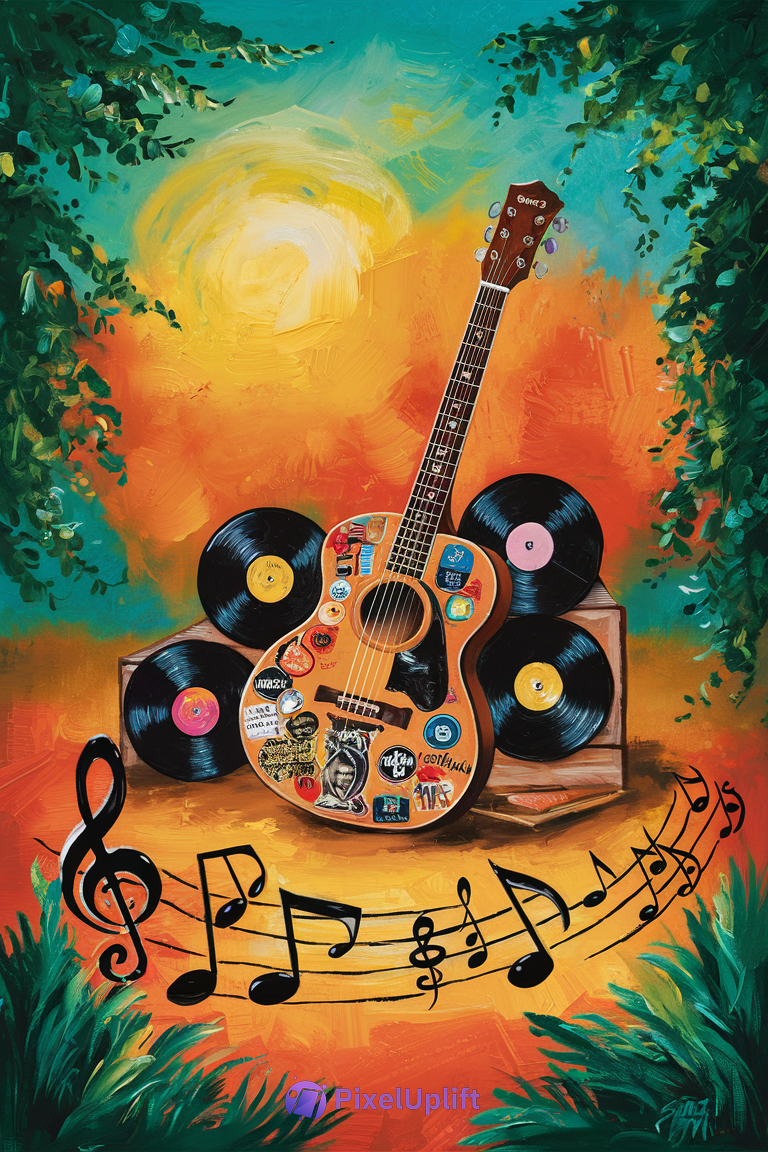 Vibrant phone wallpaper showing an acoustic guitar with colorful stickers, surrounded by vinyl records, green foliage, and musical notes on a warm orange and teal background