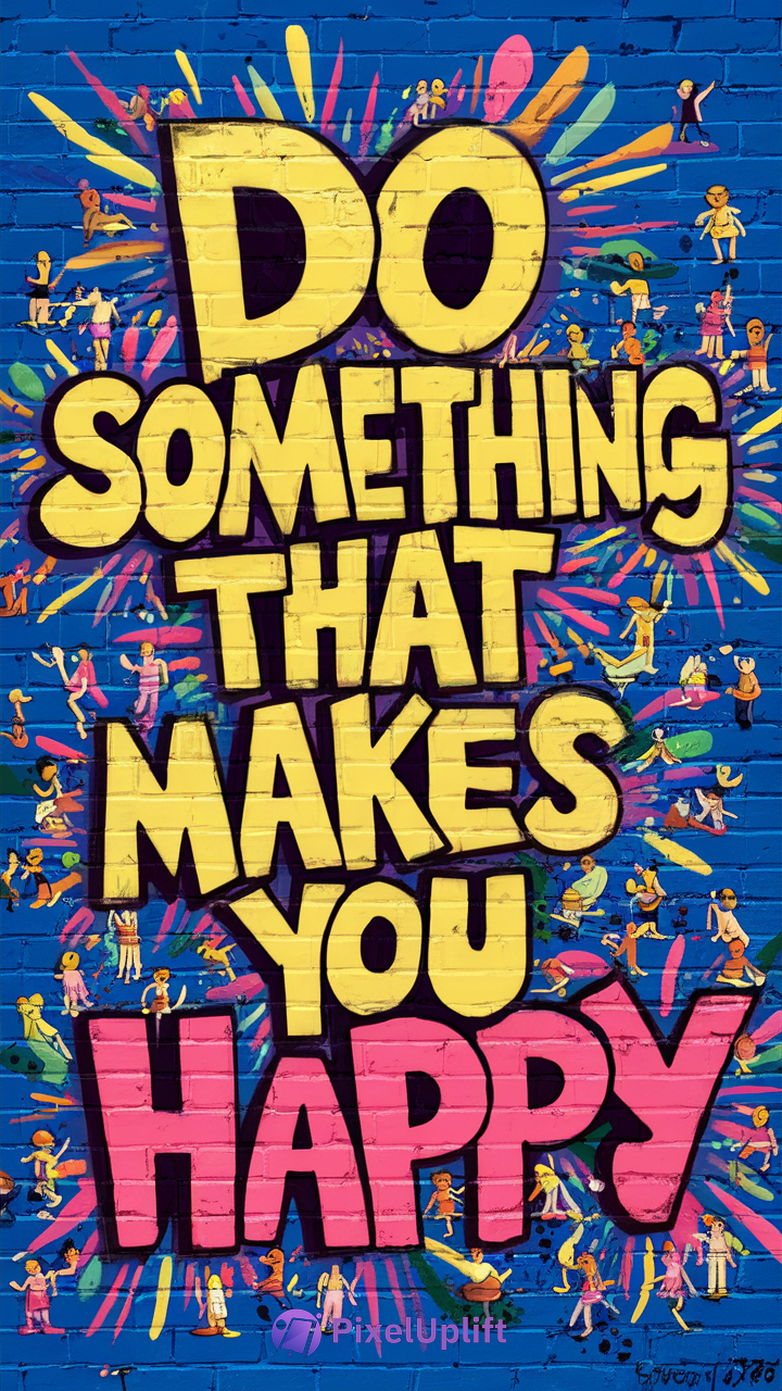 Vibrant mural phone wallpaper with motivational quote Do Something That Makes You Happy in bright yellow and pink on deep blue brick wall featuring colorful illustrations of people engaging in various activities
