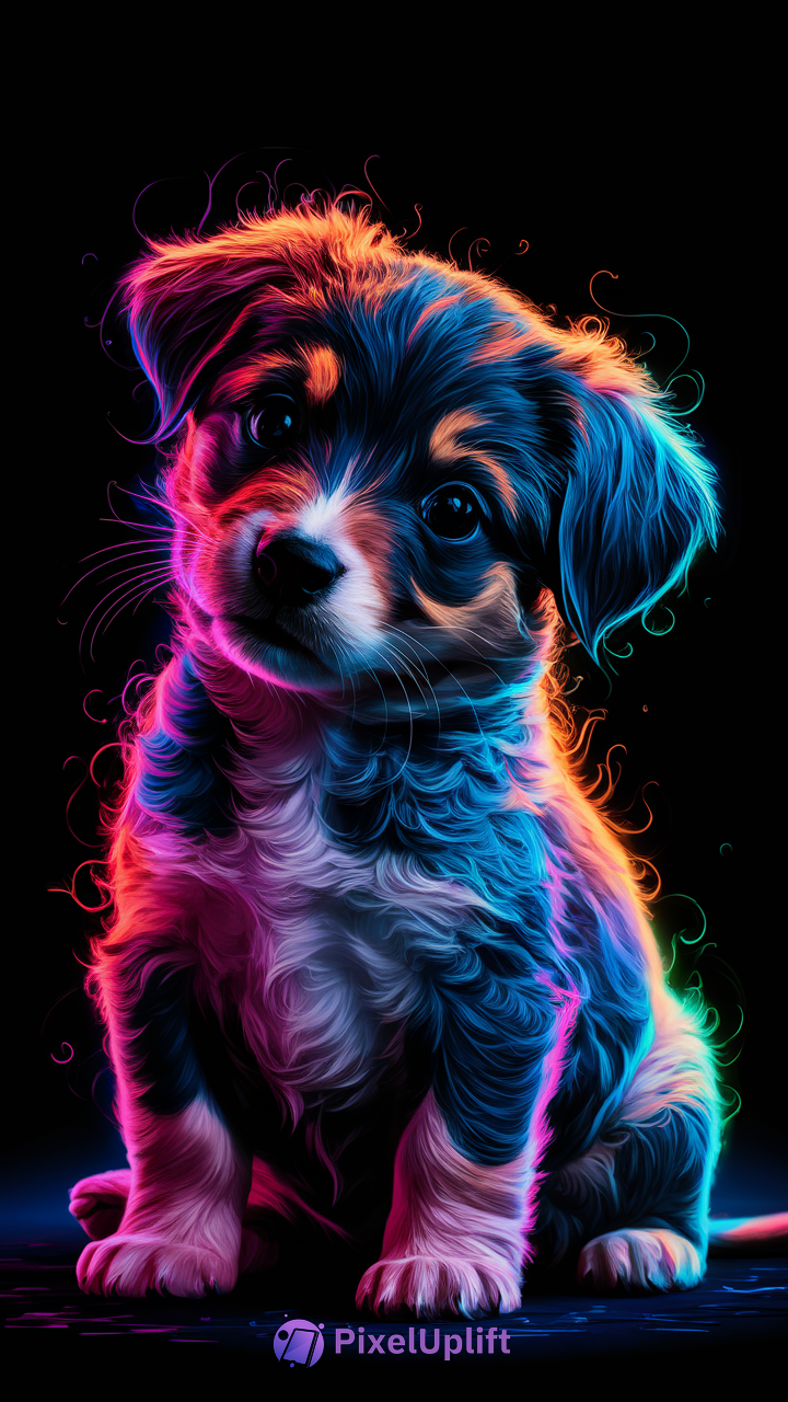 Vibrant neon stylized puppy phone wallpaper with glowing blue, pink, purple, and orange colors on black background