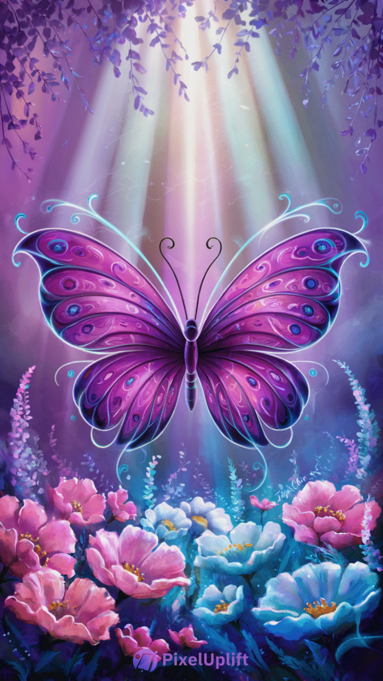 Vibrant purple butterfly with glowing blue accents floating above colorful pink, white, and blue flowers under soft light beams in a mystical garden setting phone wallpaper