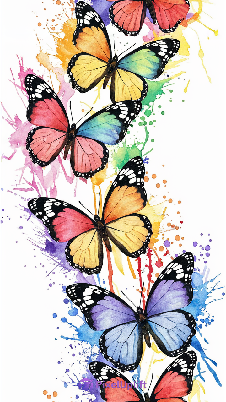 Watercolor painting of seven vertically aligned butterflies with rainbow colors and colorful paint splashes on white background phone wallpaper