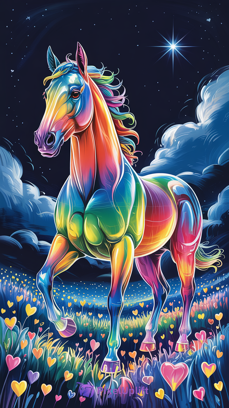 Colorful digital painting of a rainbow horse standing in a field of heart-shaped flowers under a dark starry night sky with fluffy clouds
