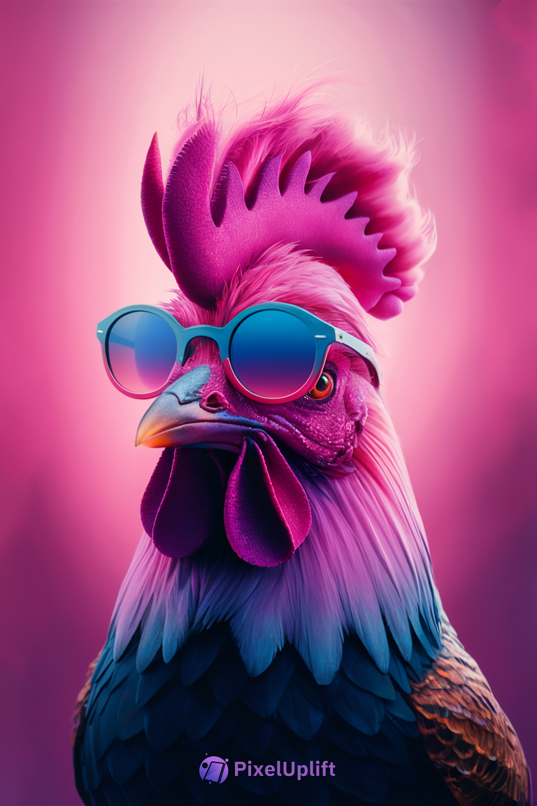 Vibrant stylized rooster with blue sunglasses on a pink gradient background phone wallpaper