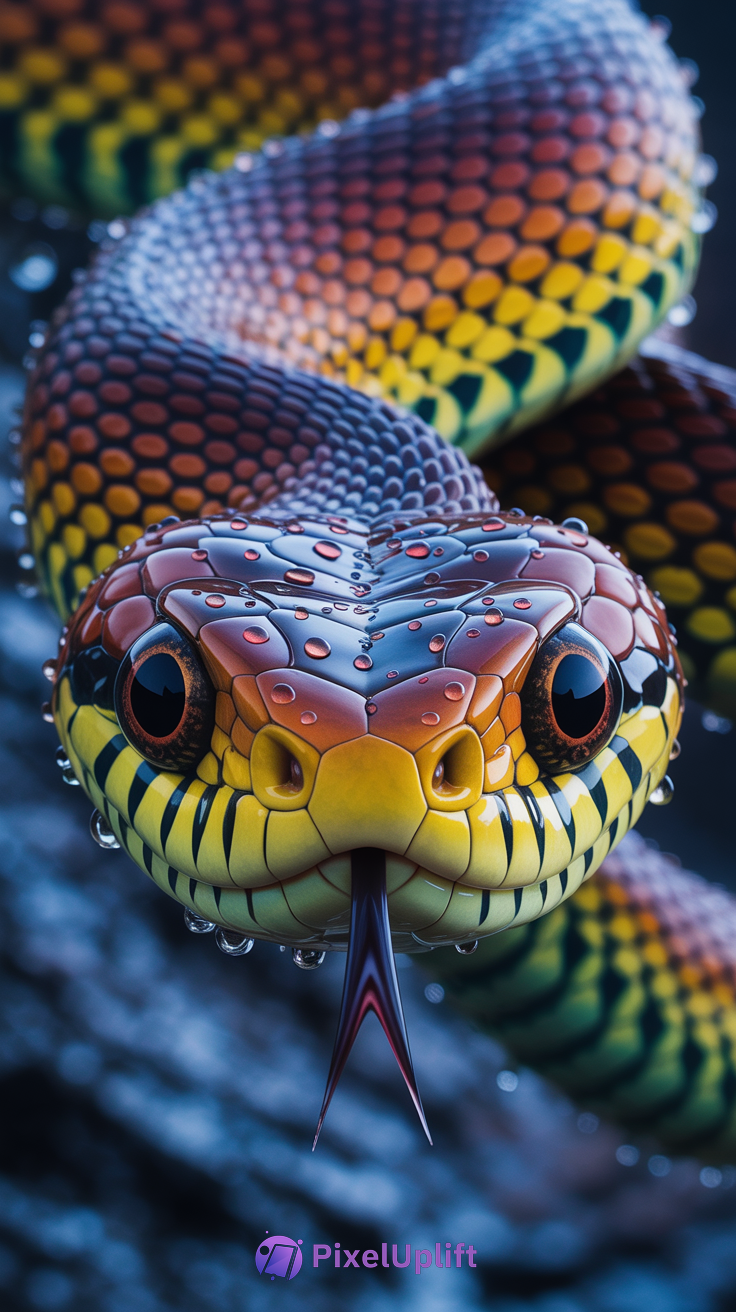 Close-up of a vibrant snake with yellow, orange, green, and black scales and reflective orange eyes on a blurred background