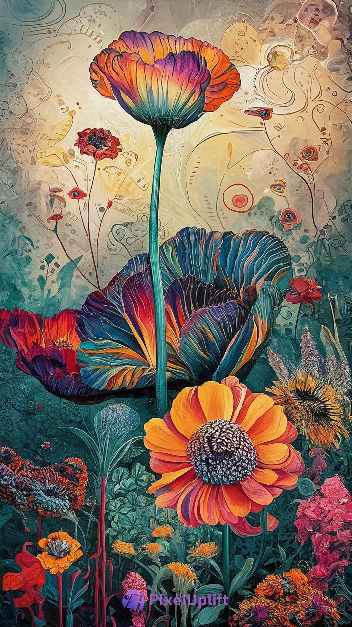 Vibrant surreal floral phone wallpaper with large colorful flowers in rainbow hues and intricate petal details on a muted beige and teal background