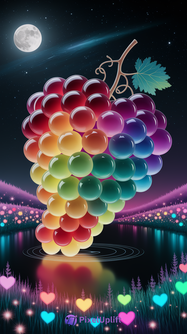 Colorful translucent grapes cluster floating over calm water at night with a full moon, glowing flora, and heart-shaped lights in a surreal vibrant scene