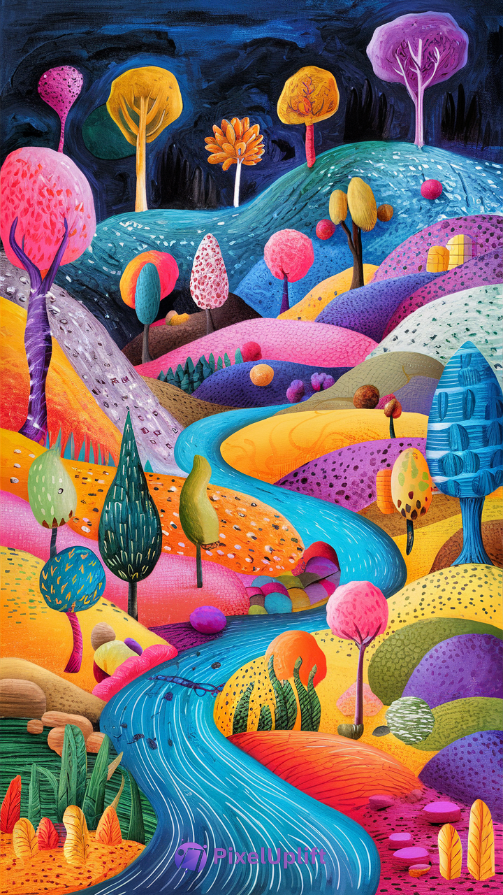 Vibrant surreal phone wallpaper with colorful whimsical hills, stylized trees, and a curvy blue river under a dark sky
