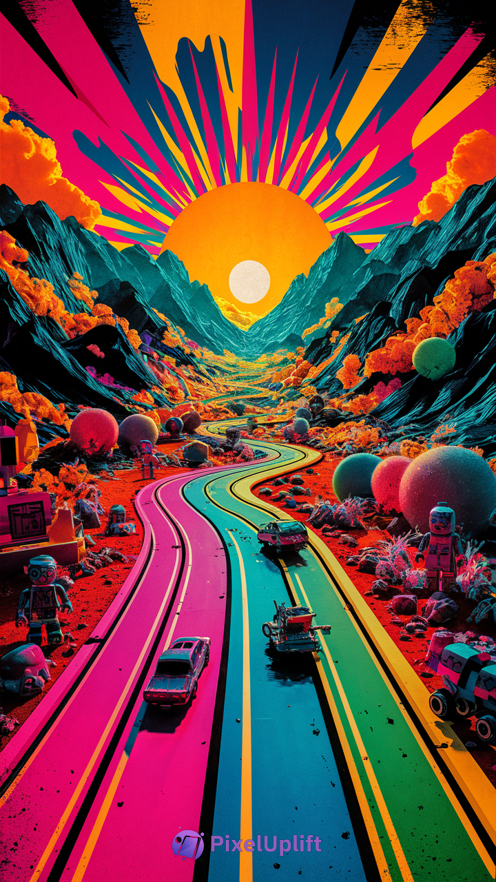 Vibrant surreal phone wallpaper showing a winding multicolored road through a fantastical mountainous landscape with toy-like cars and miniature figures