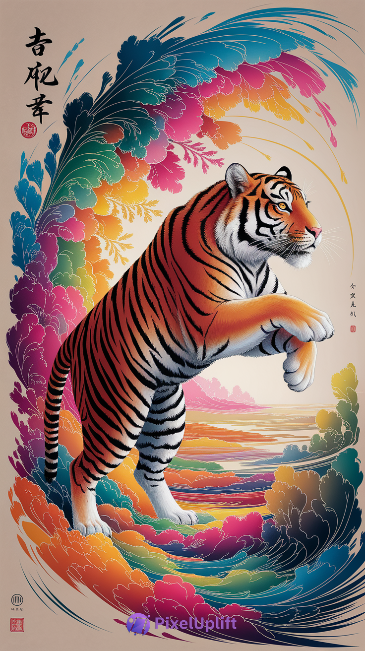 Stylized realistic tiger with raised paw surrounded by vibrant colorful abstract swirl and Asian calligraphy on a phone wallpaper