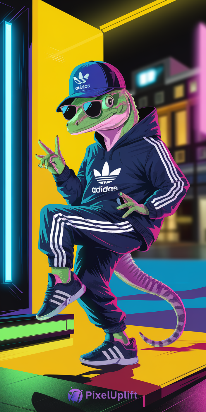 Vibrant urban lizard wearing navy blue Adidas tracksuit and cap with black sunglasses posing against neon yellow wall and blurred cityscape phone wallpaper