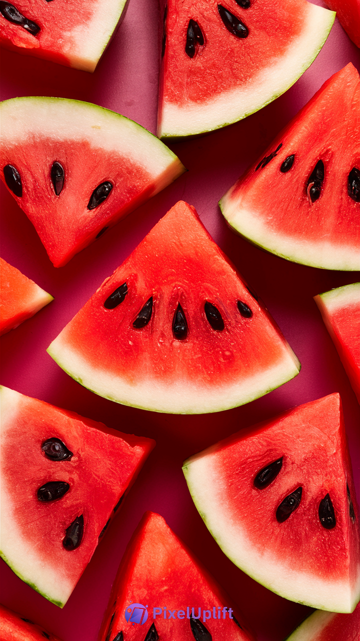 Slices of bright red watermelon with black seeds on a vibrant pink background, fresh and colorful phone wallpaper